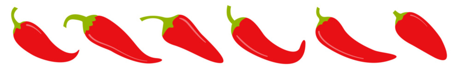 Hot chili pepper icon set. Fresh red chili cayenne peppers line banner. Hot food spices. Healthy lifestyle. Sticker print template. Simple sign symbol. Flat design. White background. Isolated. Vector