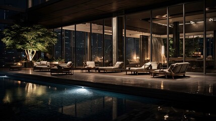 Fototapeta premium Pool at sunset. AI generated art illustration.