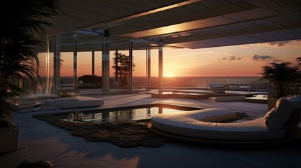 Fototapeta premium Pool at sunset. AI generated art illustration.