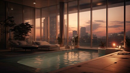 Fototapeta premium Pool at sunset. AI generated art illustration.
