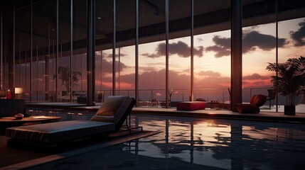 Fototapeta premium Pool at sunset. AI generated art illustration.
