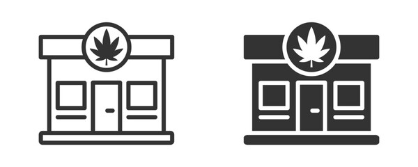 Vector illustration of a cannabis dispensary storefront icon in two styles, representing medical marijuana shops.