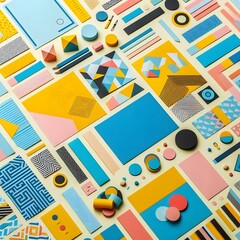 AI Generate of Background texture of Fashion Papers in Memphis Geometry Style. Yellow, blue, light blue, red and pastel pink colors. Top view, flat lay.