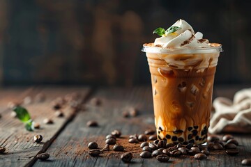 Iced coffee with cream and beans on a rustic wooden table Cold drink on black background with space...