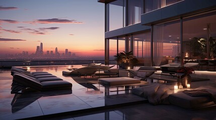 Fototapeta premium Pool at sunset. AI generated art illustration.