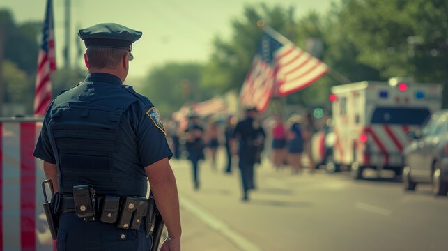 Toned photo rear view police officer at public July 4 parade event near Dallas