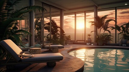 Fototapeta premium Pool at sunset. AI generated art illustration.