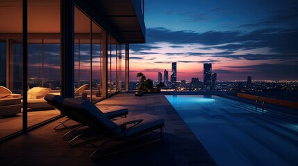 Fototapeta premium Pool at sunset. AI generated art illustration.