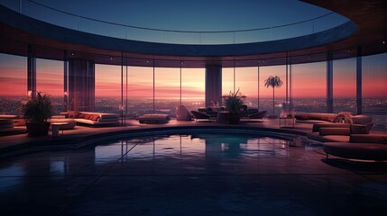 Fototapeta premium Pool at sunset. AI generated art illustration.