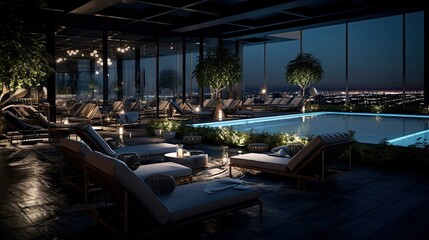 Pool at sunset. AI generated art illustration.