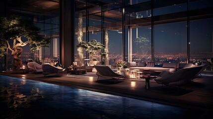 Fototapeta premium Pool at sunset. AI generated art illustration.