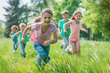 Obraz premium Kids Joyfully Running Together Through Lush Green Grass in the Sun
