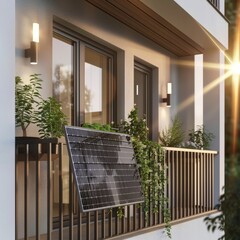 Sustainable Living: Solar Panel on Modern Home Balcony at Sunset