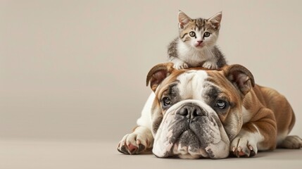 Adorable Kitten Perched on Loyal Bulldog Companion Against Neutral Background