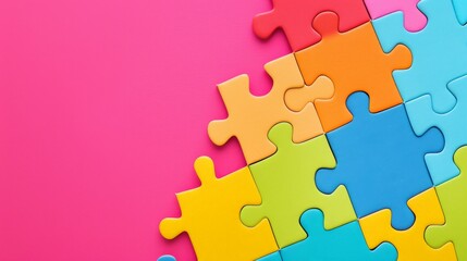 Obraz premium Colorful Jigsaw Puzzle Pieces on Pink and Blue Background, Concept of Problem-Solving and Creativity