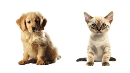 Friendly dog and cat sitting side by side on a transparent background