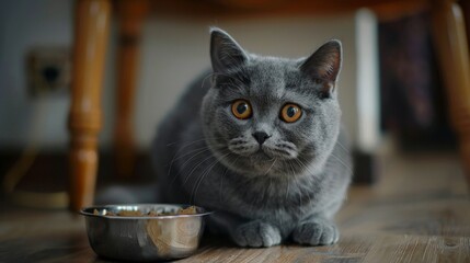 Portrait of a Grey British Shorthair Cat with Intense Amber Eyes Waiting for Food