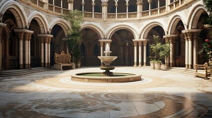 Obraz premium The courtyard of the cathedral de mallorca. AI generated art illustration.