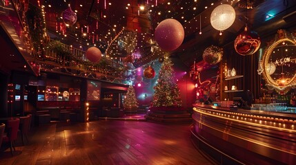 Obraz premium Happy Santa Claus at DJ console on New Year background with decorated Christmas trees.