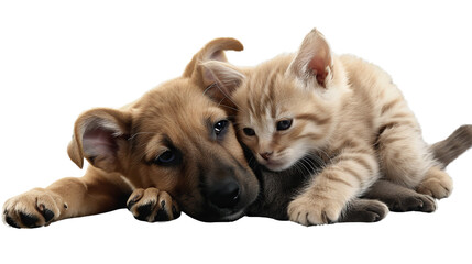 Cute puppy and kitten cuddling together on a transparent background