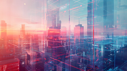Fototapeta premium Futuristic cityscape of digital lines and holographic architecture