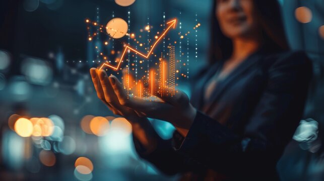 Present in the image is a businesswoman confidently holding a holographic graph, symbolizing belief in market performance and success, reflecting financial growth and confidence in business strategy