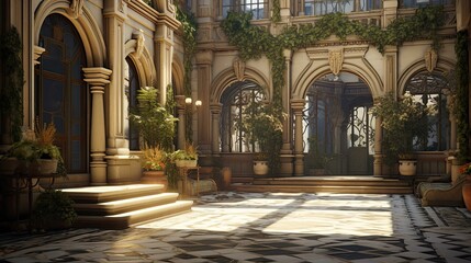 Obraz premium The courtyard of the cathedral de mallorca. AI generated art illustration.