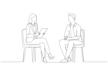Continuous one line drawing of female account executive meeting client to get feedback, customer relationship concept, single line art.