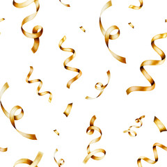 Seamless pattern with golden ribbon and streamer for birthday gifts. Hand drawn watercolor confetti for party decoration isolated on background. Shiny template, banner for designers, prints, baby