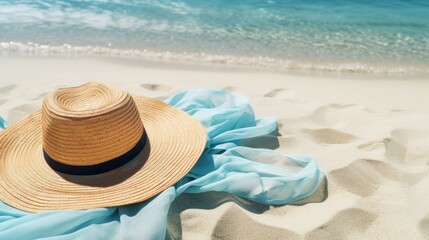 Serene Beach Vacation Scene with Straw Hat and Blue Scarf on Sandy Shore