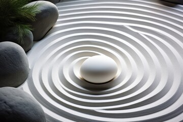 Obraz premium Zen rock garden with intricate circular patterns on white sand, top view for serene contemplation