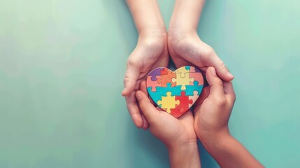 Diverse Hands Holding Heart-Shaped Autism Awareness Puzzle