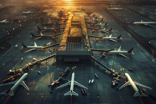 Aerial view of Tom Bradley International Terminal concourse at LAX airport. Busy passengers concourse with aircraft from airlines from around the world.