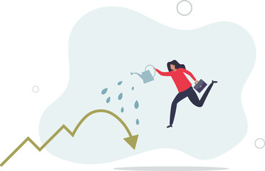 businesswoman investor watering fall down graph and chart to make it grow.flat vector illustration.