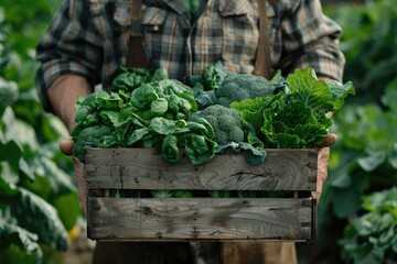 Farmer keeps fresh vegetables in a wooden box in the garden, healthy and organic food concept