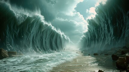 Ocean separate up to form canal. Bible miracle of Moses parting red sea for passage