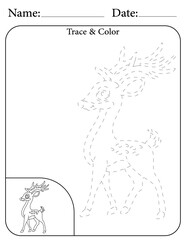 Deer Printable Activity Page for Kids. Educational Resources for School for Kids. Kids Activity Worksheet. Trace and Color the Shape