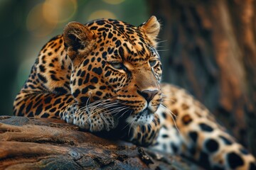 Obraz premium Leopard is resting on a tree trunk
