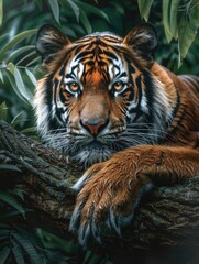 Fototapeta premium Tiger on a tree in the green jungle of central India