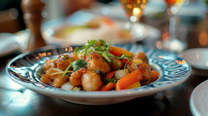 Close-up of fine dining restaurant dishes Chinese dish Kung Pao Chicken