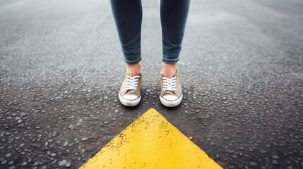 Person standing on wet street wearing yellow shoes. This image can be used to depict urban lifestyle or rainy weather - Powered by Adobe