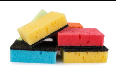 Several multi-colored dishwashing sponges isolated on a white background. Household sponges scattered on white.