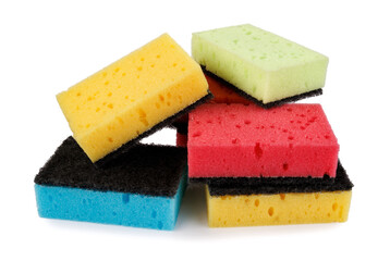 Several multi-colored dishwashing sponges isolated on a white background. Household sponges scattered on white.