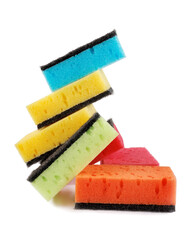 Several household sponges isolated on a white background. Stack of sponges for washing dishes.