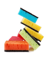 Several household sponges isolated on a white background. Stack of sponges for washing dishes.