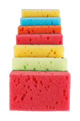 Multi-colored household sponges isolated on a white background.