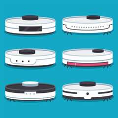 Robot vacuum cleaner vector cartoon set isolated on background.