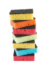 Several household sponges isolated on a white background. Stack of sponges for washing dishes.