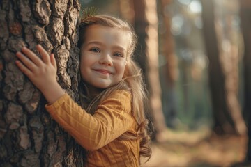 A European caucasian child girl with a delighted smile is hugging a tree in the forest in the morning sunbright.