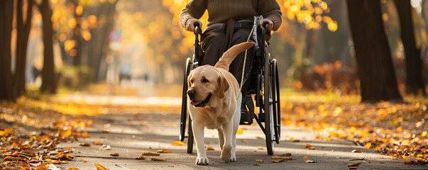 Man in Wheelchair Walking Dog in a Peaceful Park Setting
